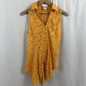 Oh Yes Y2K Yellow Lace Sheer Lace Up Back Sleeveless Tunic Top Womens L Hippie